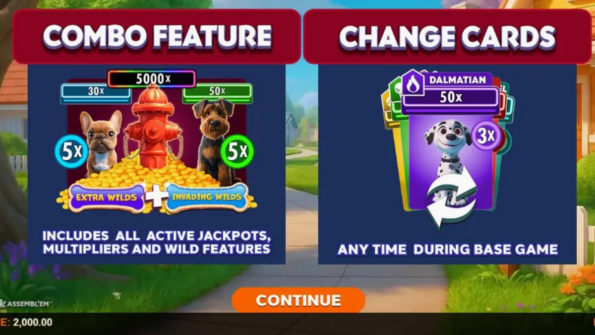 Tampilan visual slot Paw Pack Assembl’Em dengan karakter anjing dan gulungan 5x3