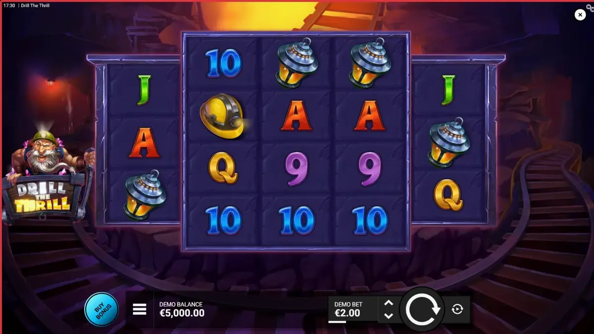 Tampilan visual slot Drill the Thrill dengan tema tambang dan bor industri